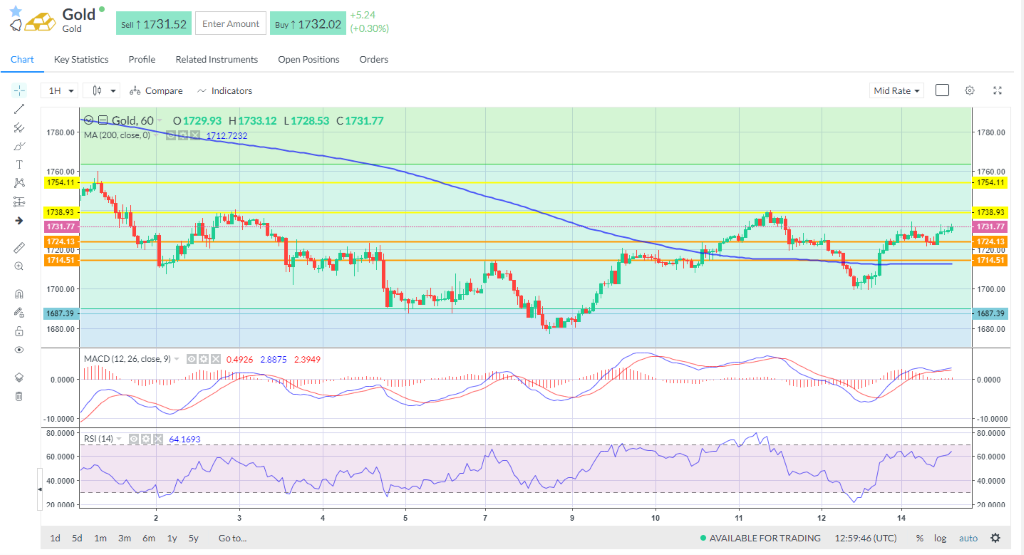 Gold trades up at $1,732 